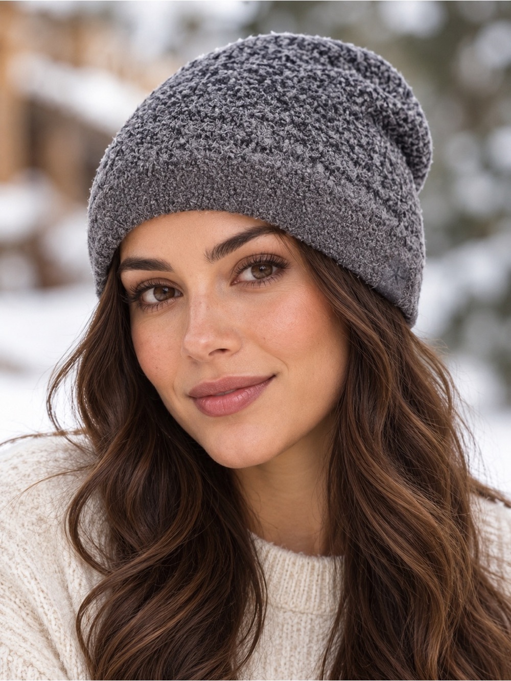 NWT Barefoot Dreams Cozy Chic Lite Confetti Beanie Storm Gray- Dark Brown